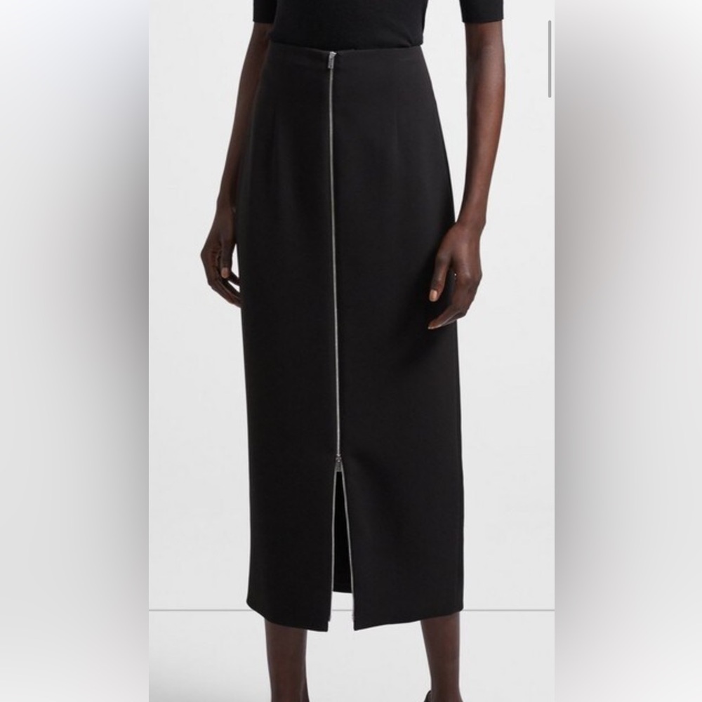 Theory Black Midi Skirt with costumizable slit, Zip Skirt in Crepe - 2